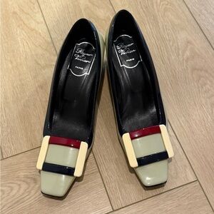 Roger Vivier Black, Cream, and Red Heels with Buckle